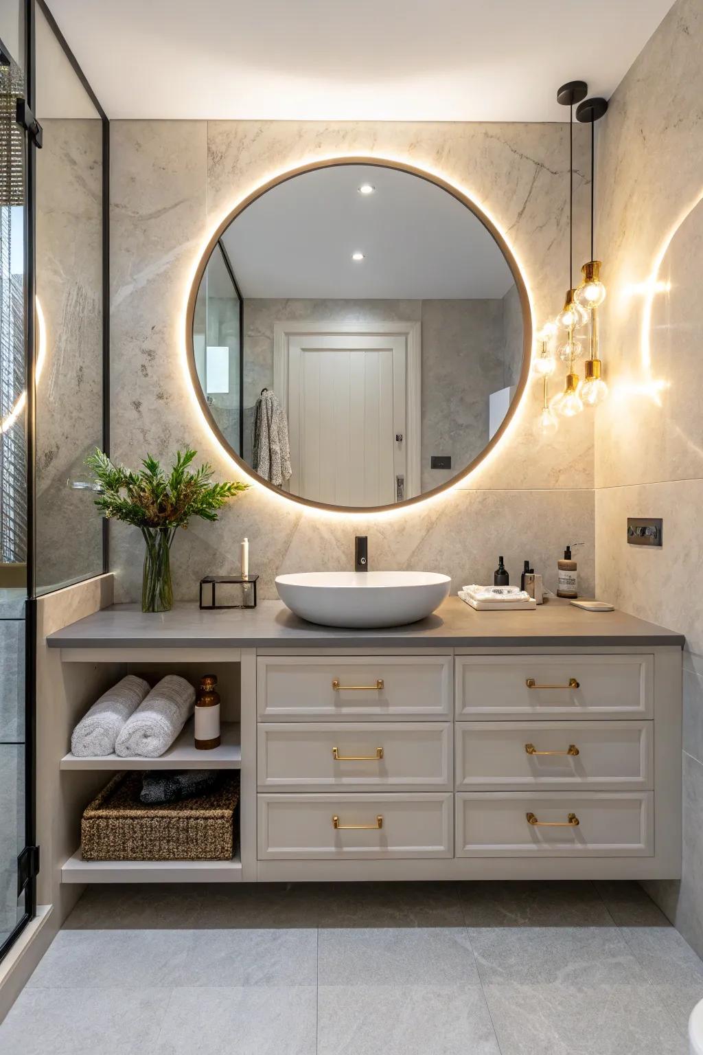 Round mirrors bring a unique touch to bathroom designs.
