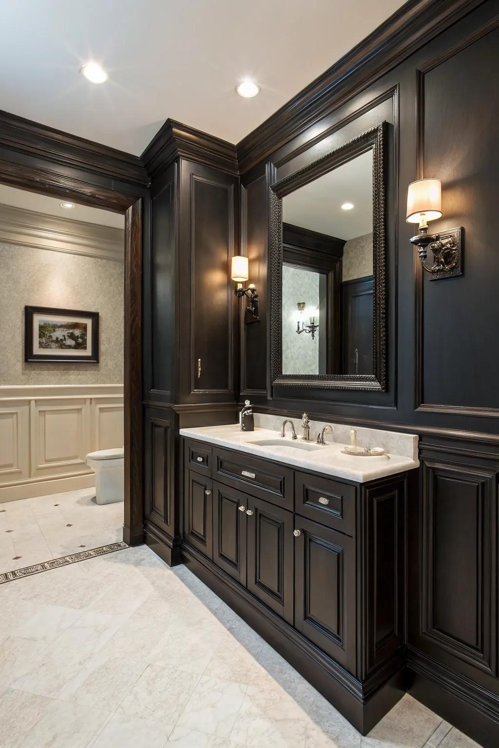 Dark molding creates a striking contrast in modern bathrooms.