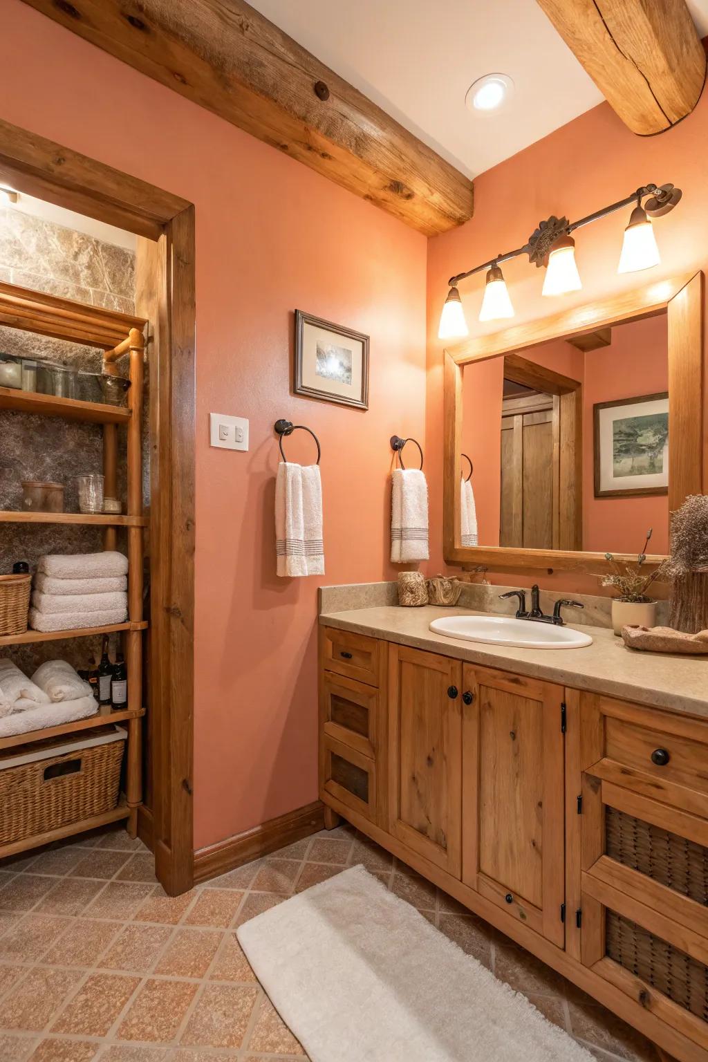 Peach shades fill the bathroom with warmth and energy.