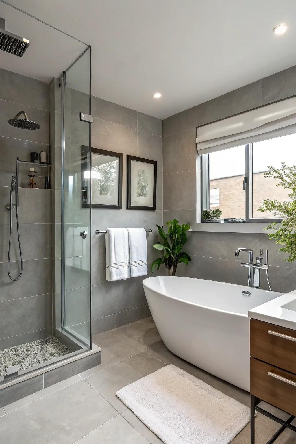 A minimalist-style bathroom with neutral shades and contemporary styling.
