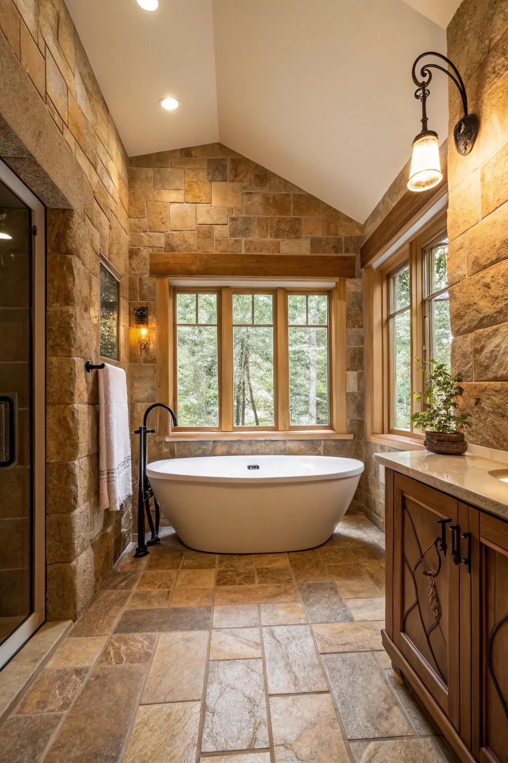 Immerse yourself in nature with lush stone tiles for a peaceful, spa-inspired vibe.