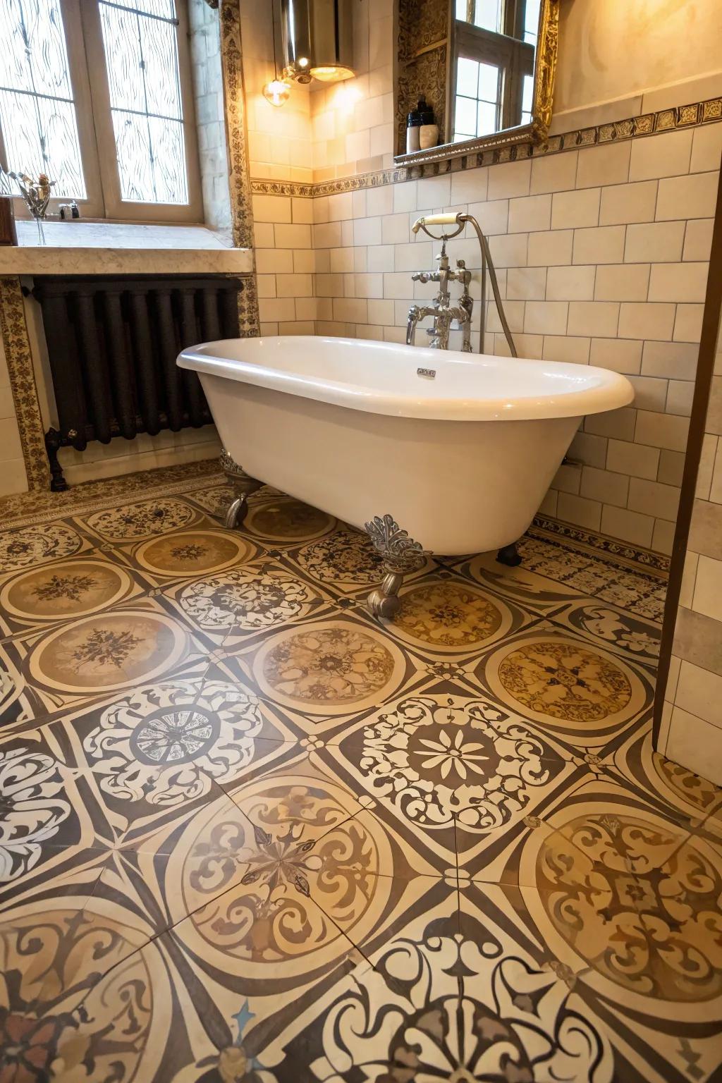 Complex patterns on resilient flooring present a captivating centerpiece in this classically styled bathroom.