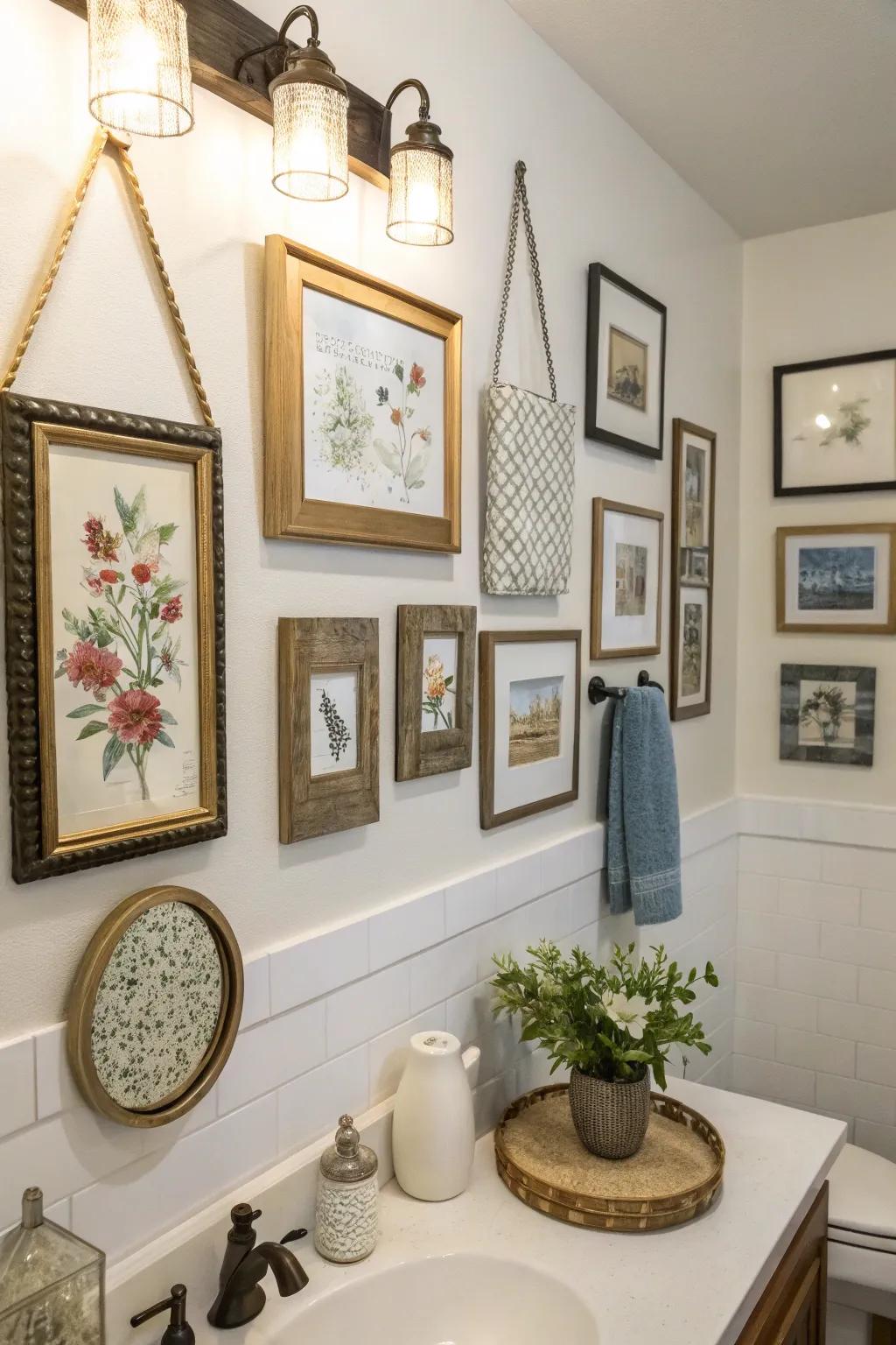 Artwork transforms bathroom walls into a personal gallery.