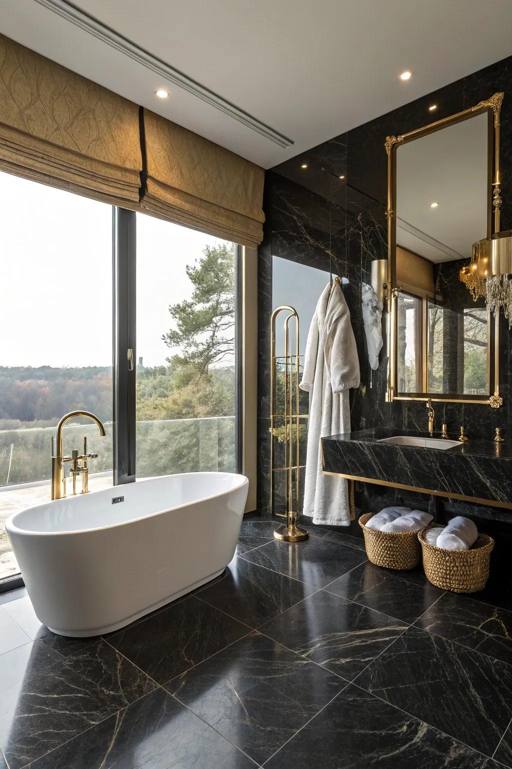 A freestanding bathtub adds an element of luxury to this chic bathroom.