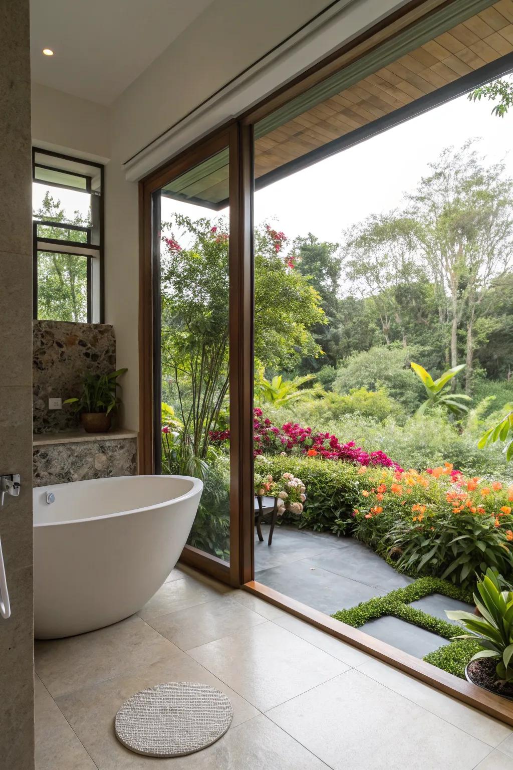 A modern bathtub with views of a vibrant garden, combining indoor relaxation with outdoor beauty.