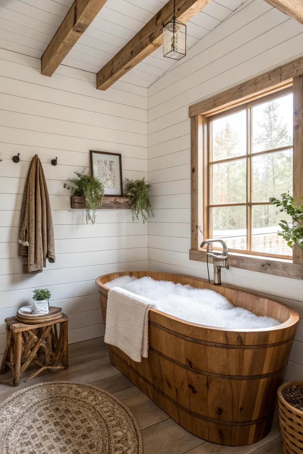 Grooved plank walls bring rustic charm to your bathroom.