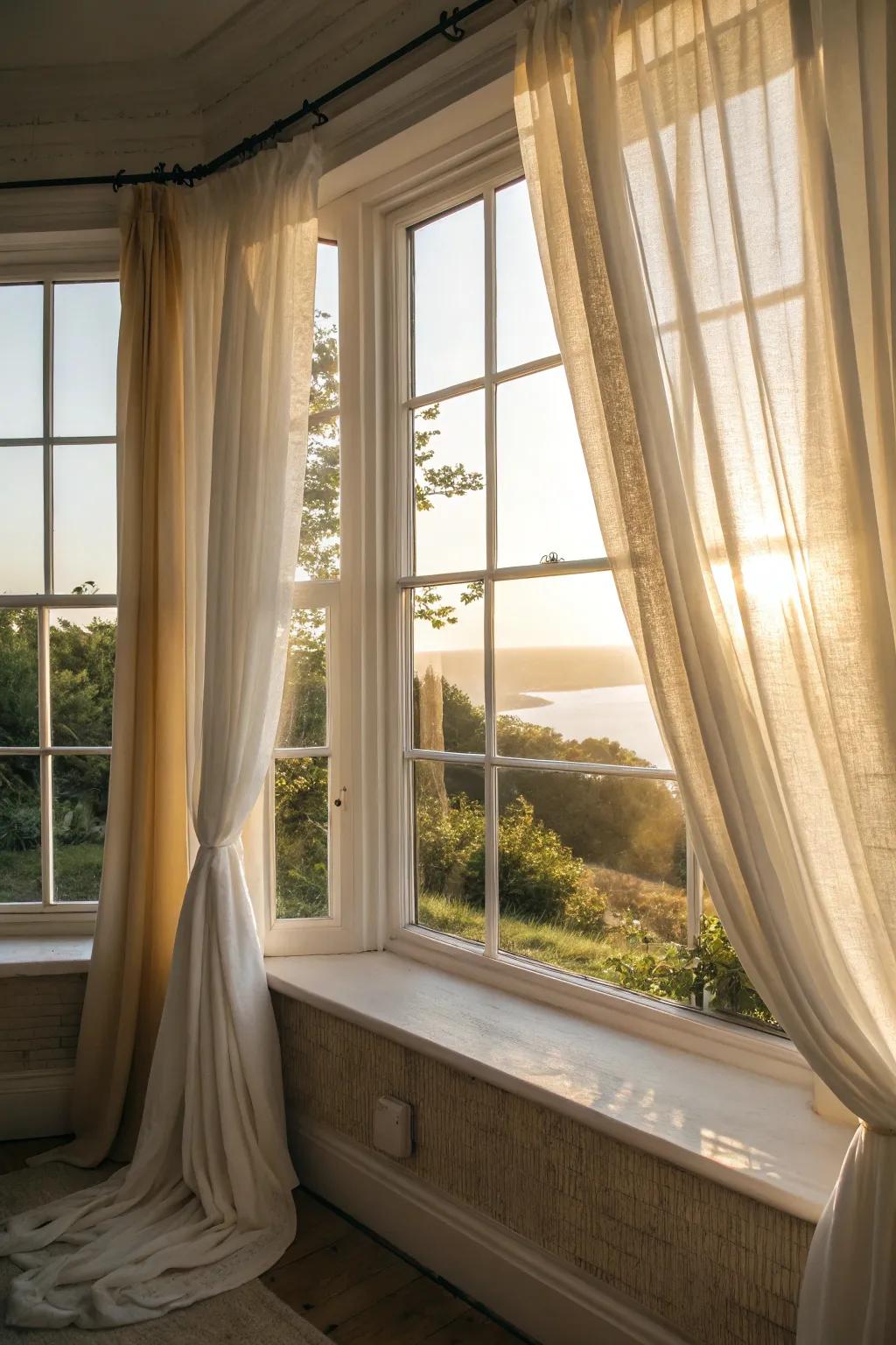 Light and airy fabrics keep your bay window bright and inviting.