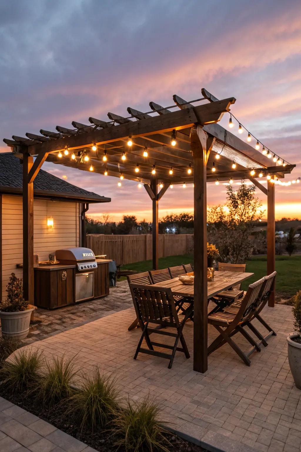 Grill with style under a beautiful pergola-covered area.