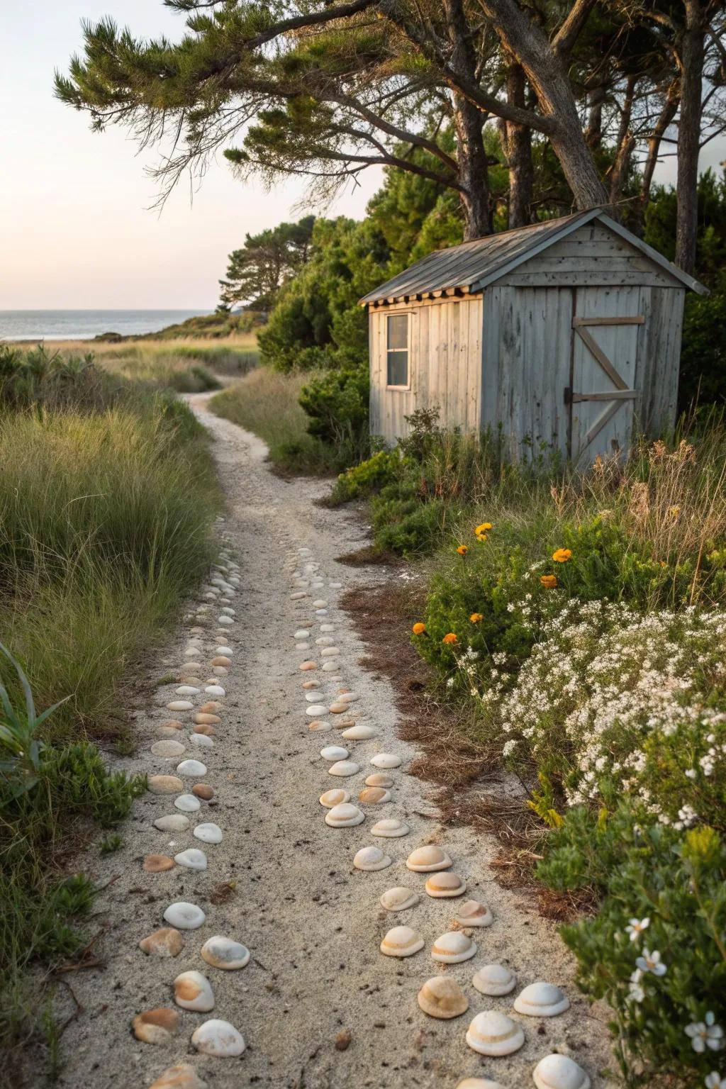 An enchanting pathway paved with seashells leads to an inviting beach shed.