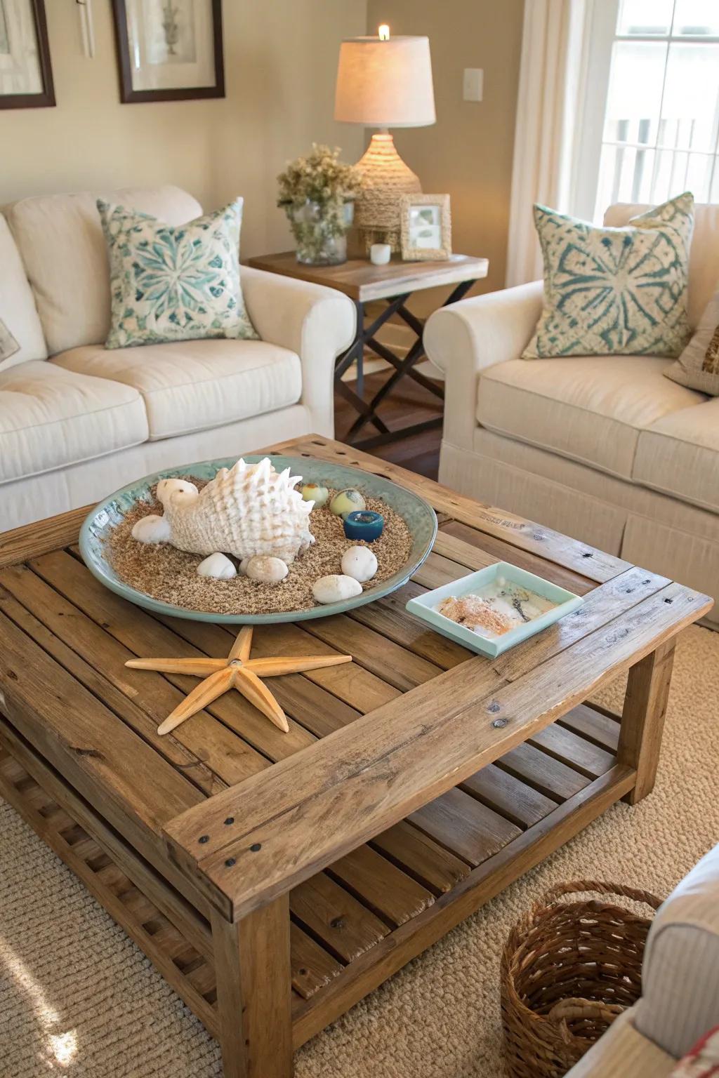 Organic wood accents infuse warmth and a seaside sensation.