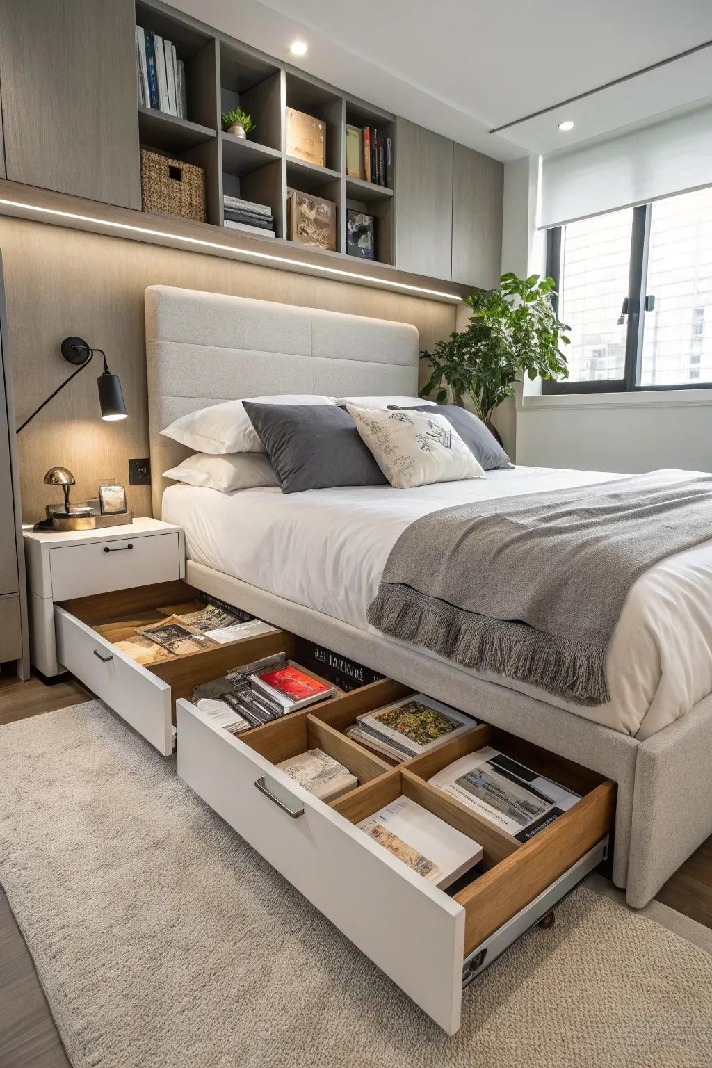 A bed base with stowaway compartments provides both style and convenience.