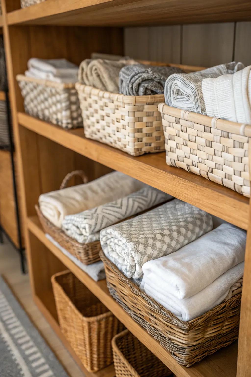 Baskets infuse style and organization into your linen storage.