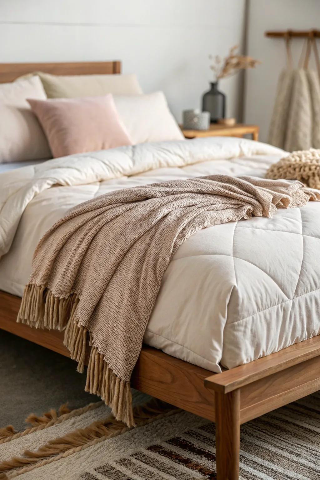 Layered materials result in a visually deep and cozy bed.