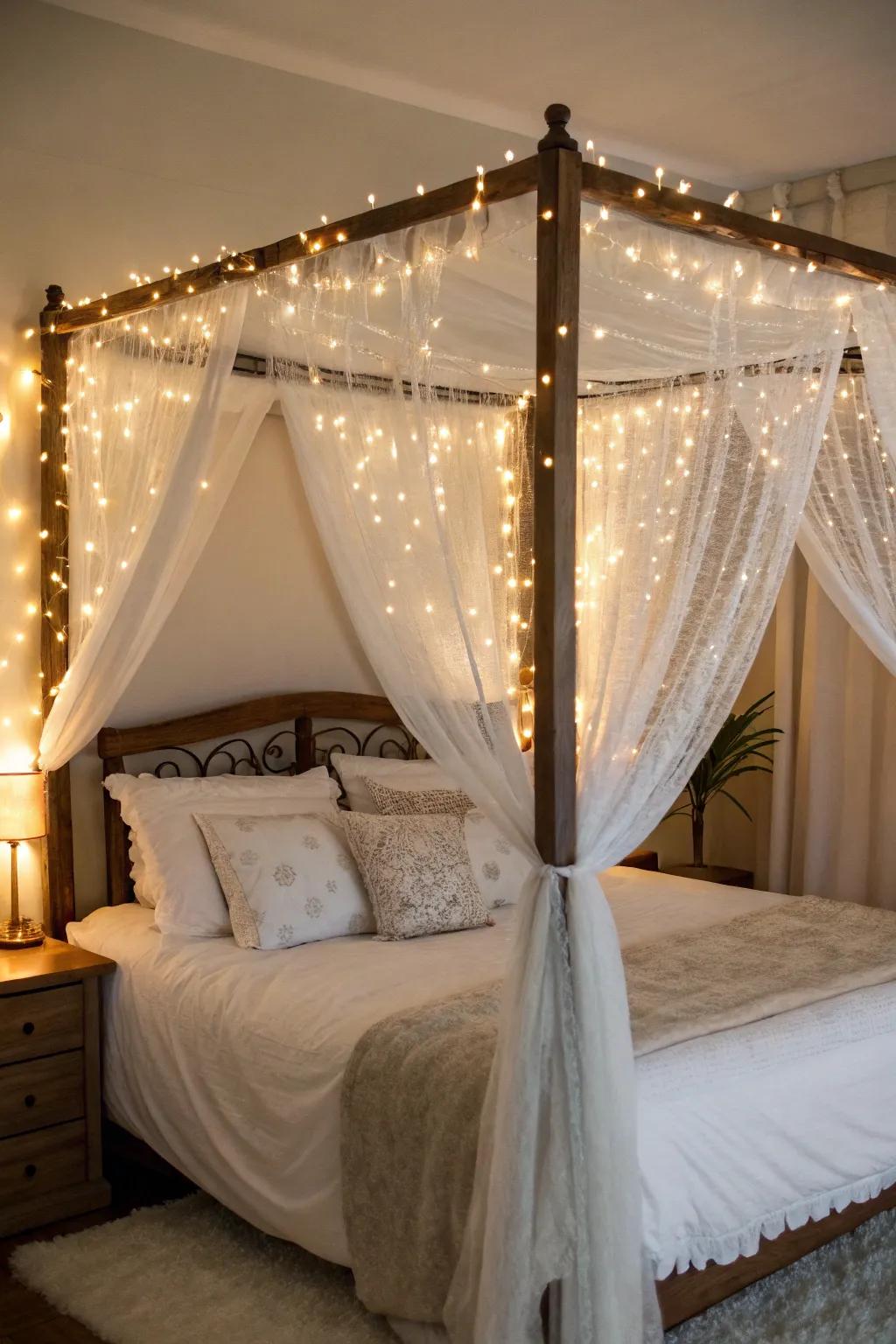 Establish a captivating atmosphere with a light-adorned canopy frame.