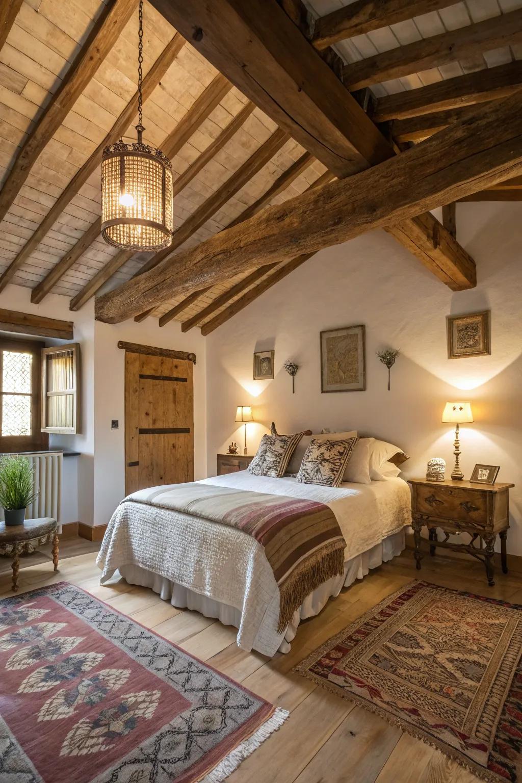 Design a cozy hideaway with wooden beams.