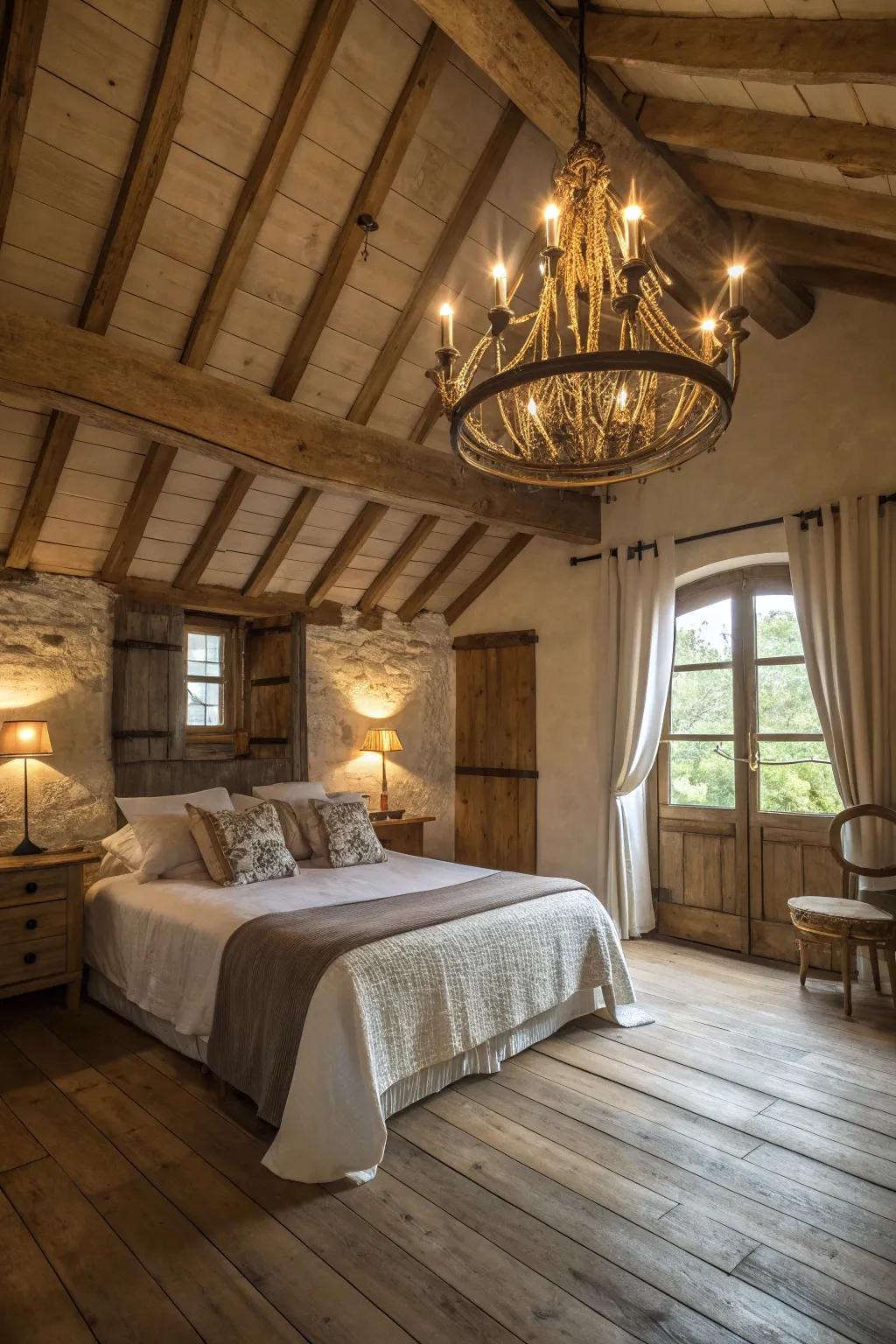 Infuse countryside charm with a wooden chandelier.