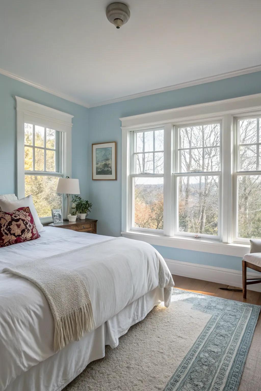 Gentle blues fashion a tranquil and radiant bedroom sanctuary.