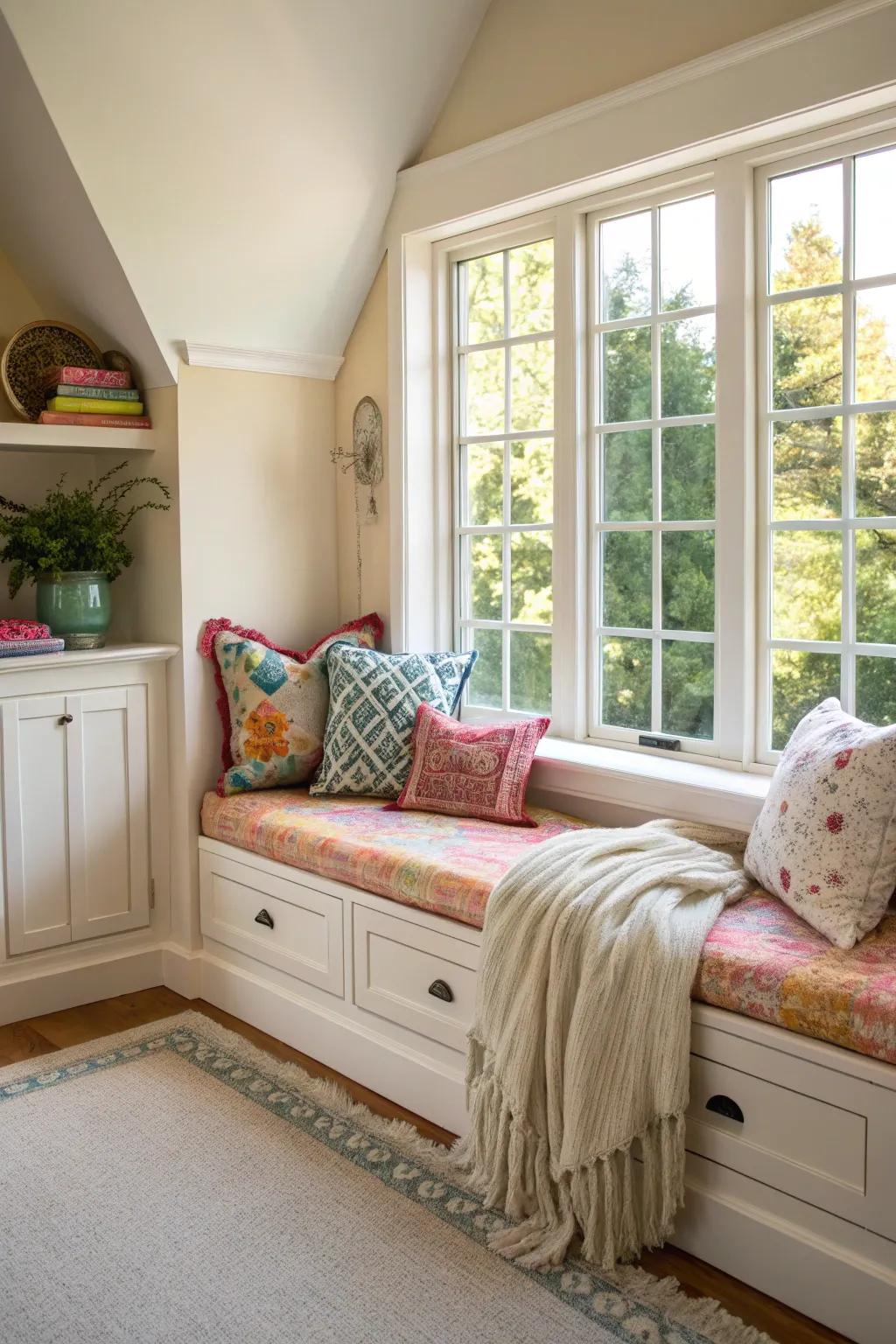 A beautiful ledge seat in a bedroom, offering a seamless fusion of relaxation and style.