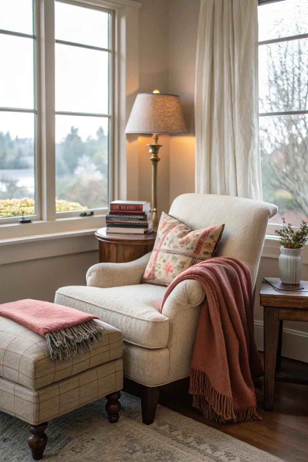 A reading spot introduces a personal touch of escape.