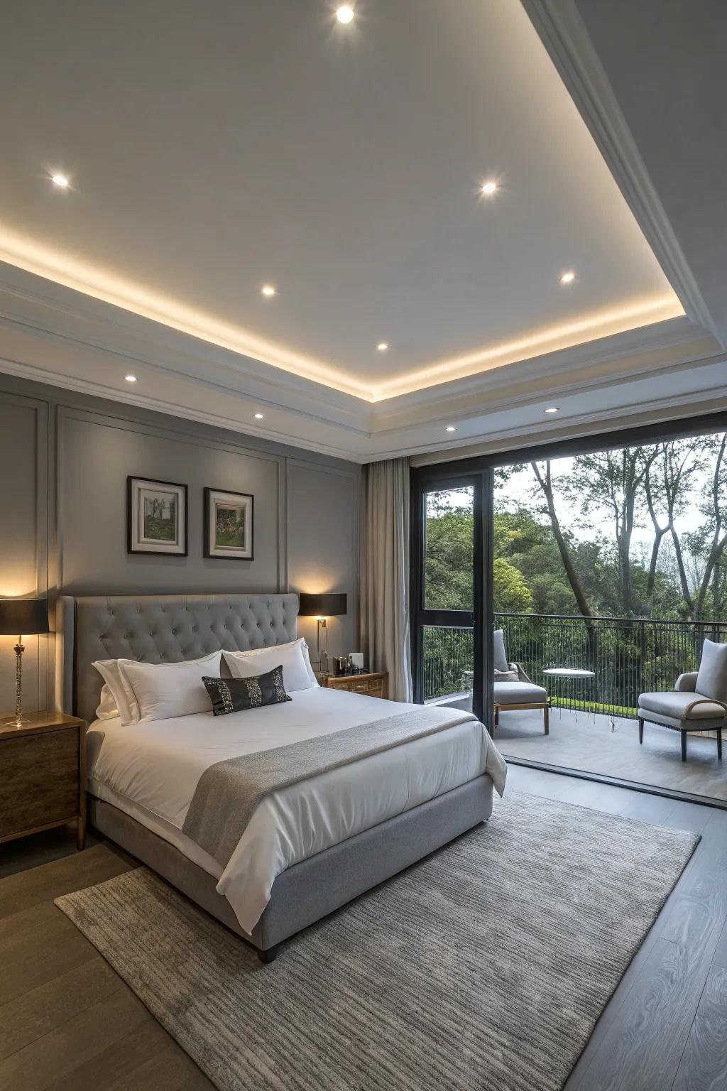 Canister lights introduce a delicate touch to a modern sleeping quarter.