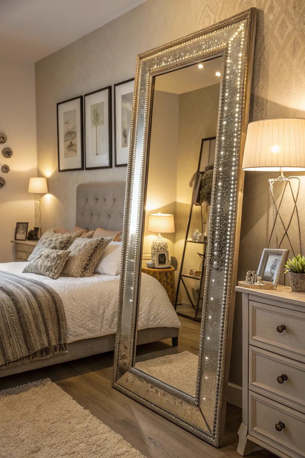 An elaborately framed mirror enhances the elegance of a stylish bedroom.