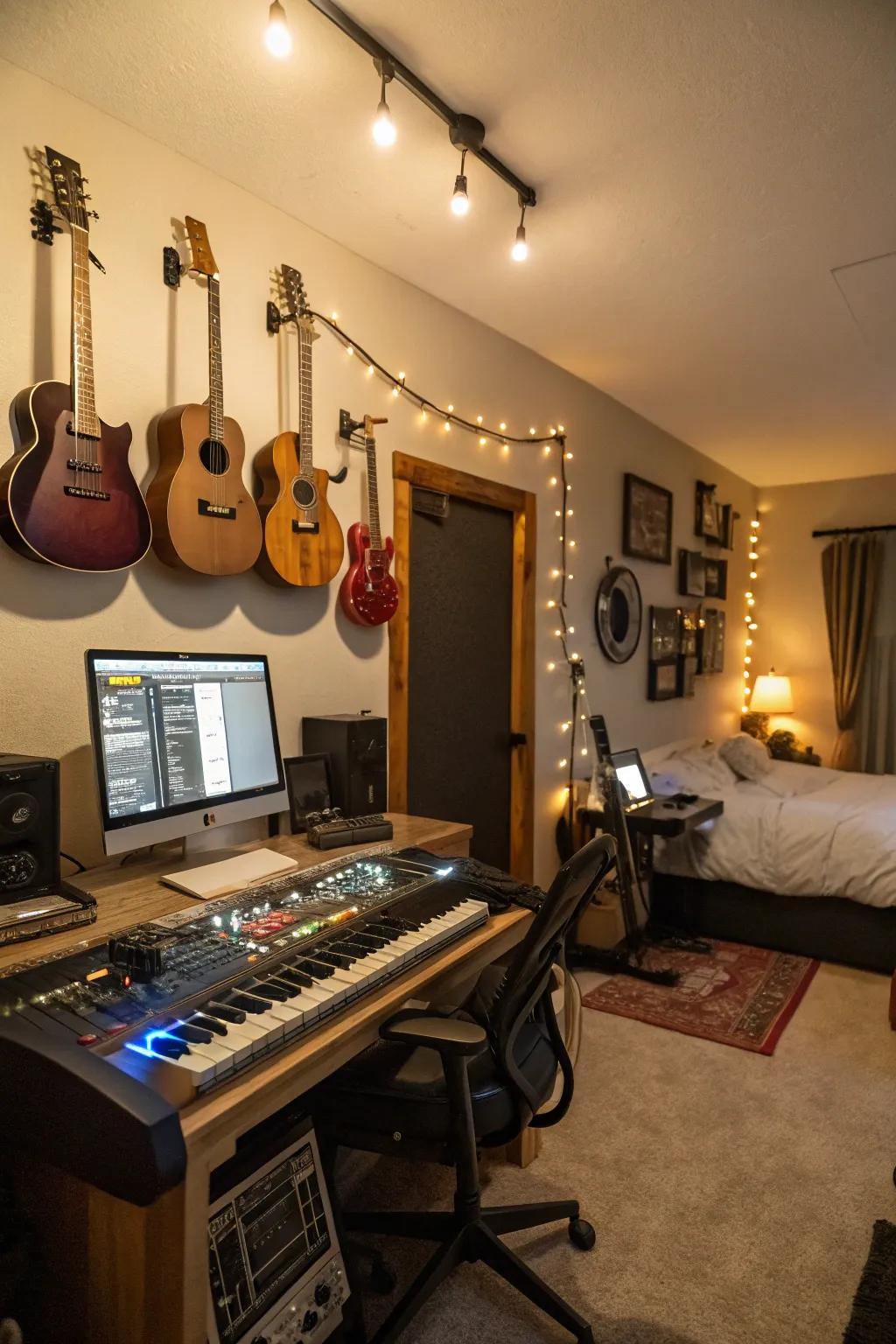 Wall-mounted instruments establish a practical and visually captivating music studio.