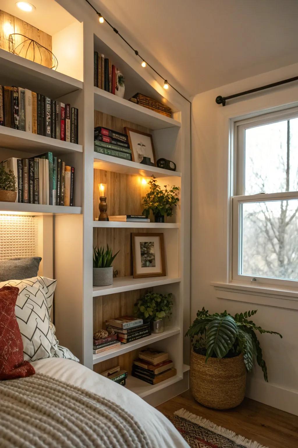 A welcoming bedroom nook featuring custom shelving, creating a personal library space.