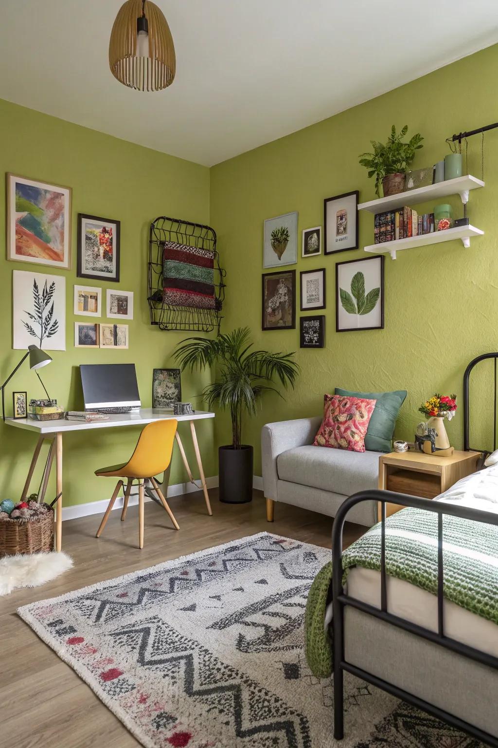 Experience the dynamic vibe of lime in a stylish and modern bedroom environment.