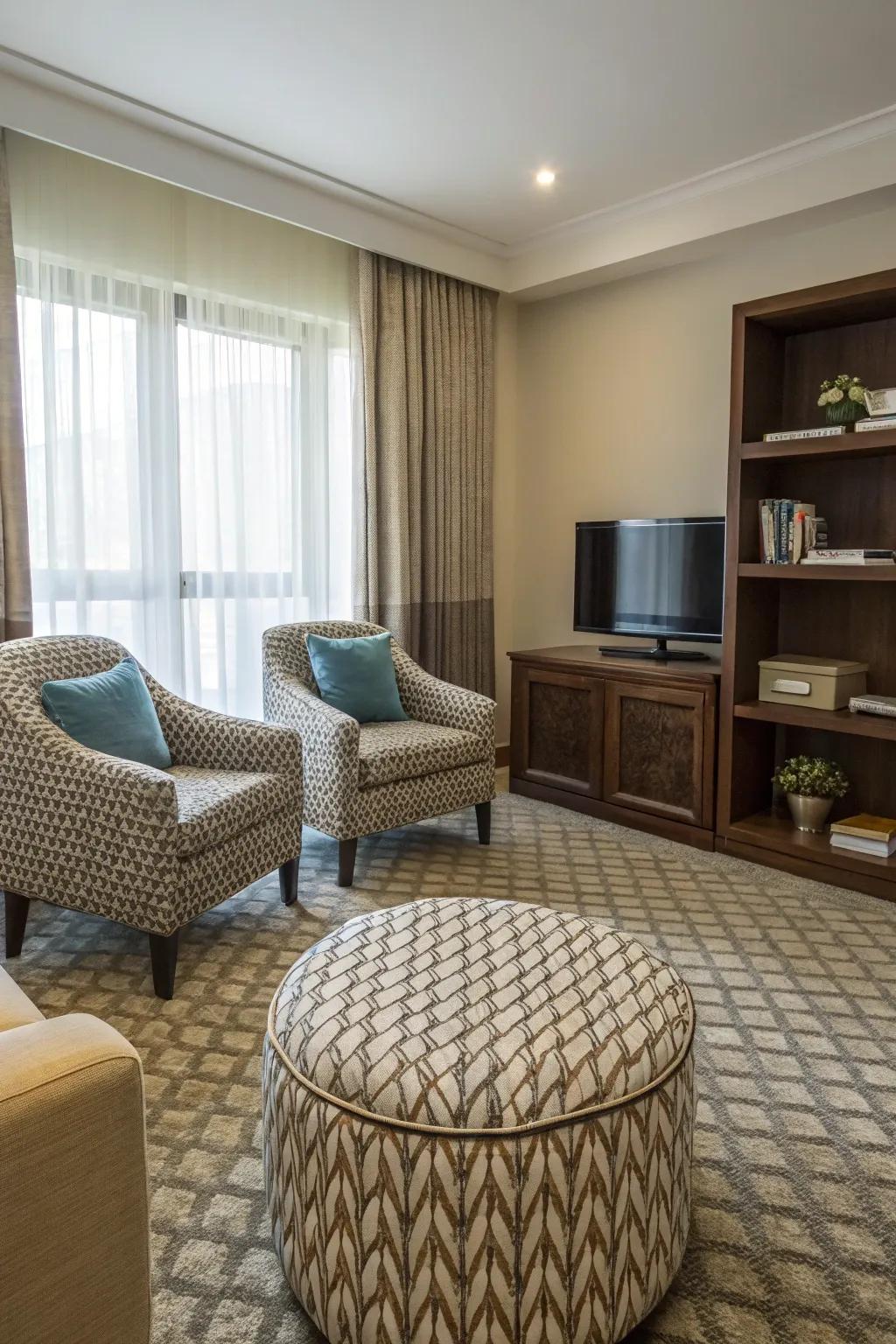 An adaptable bench offers both flair and practicality in your bedroom's TV zone.