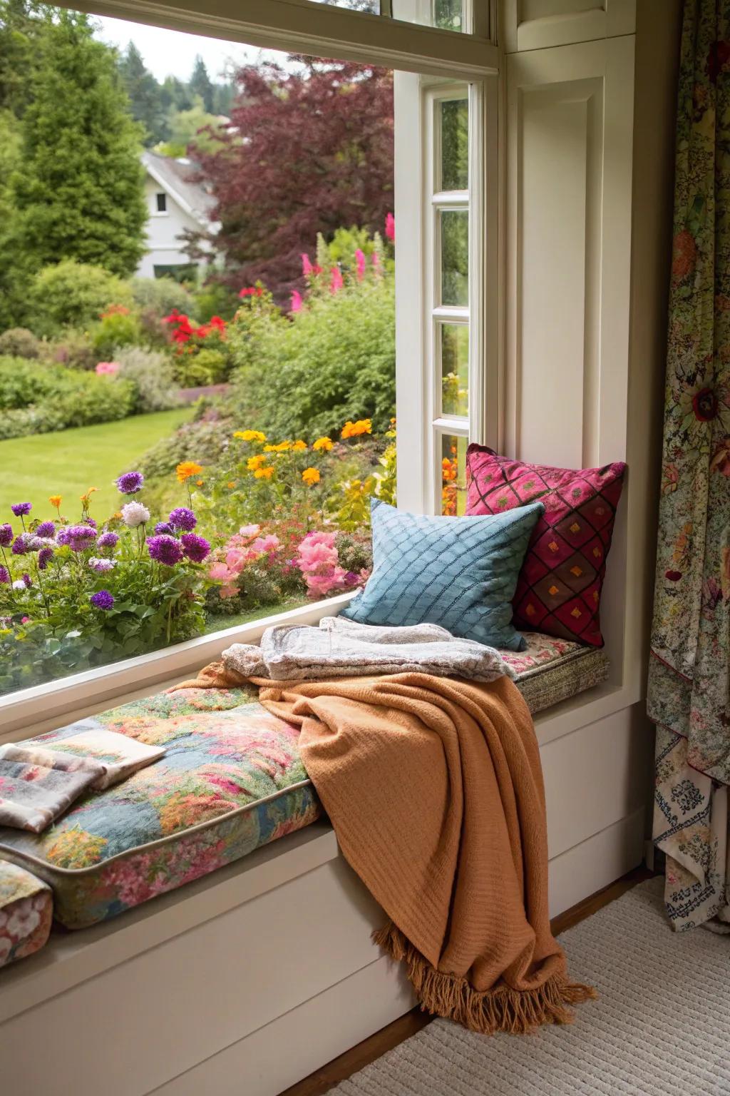 A window perch creates a haven where relaxation meets stunning views.