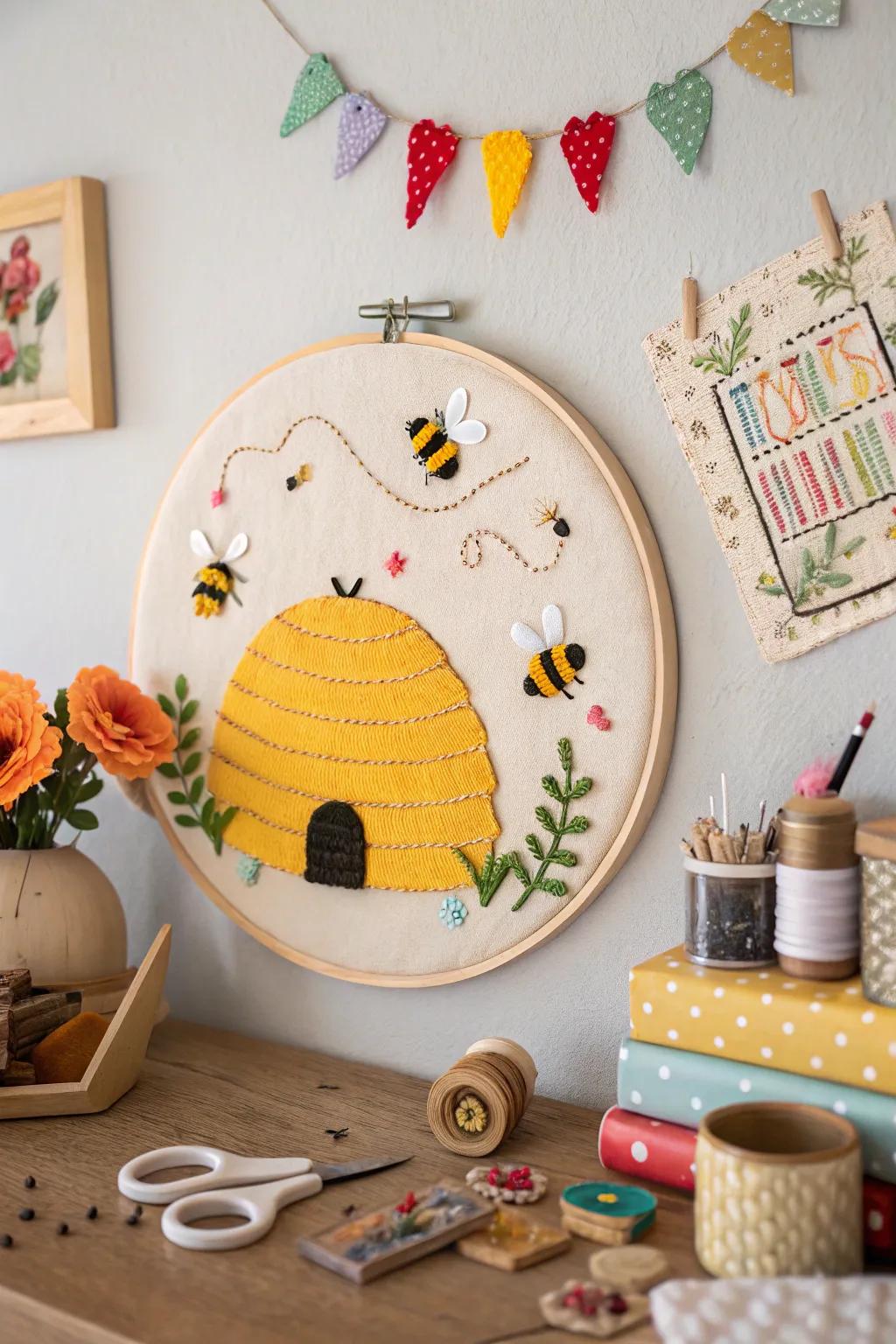 Introduce a whimsical accent to your crafting area with a framed stitchery beehive.