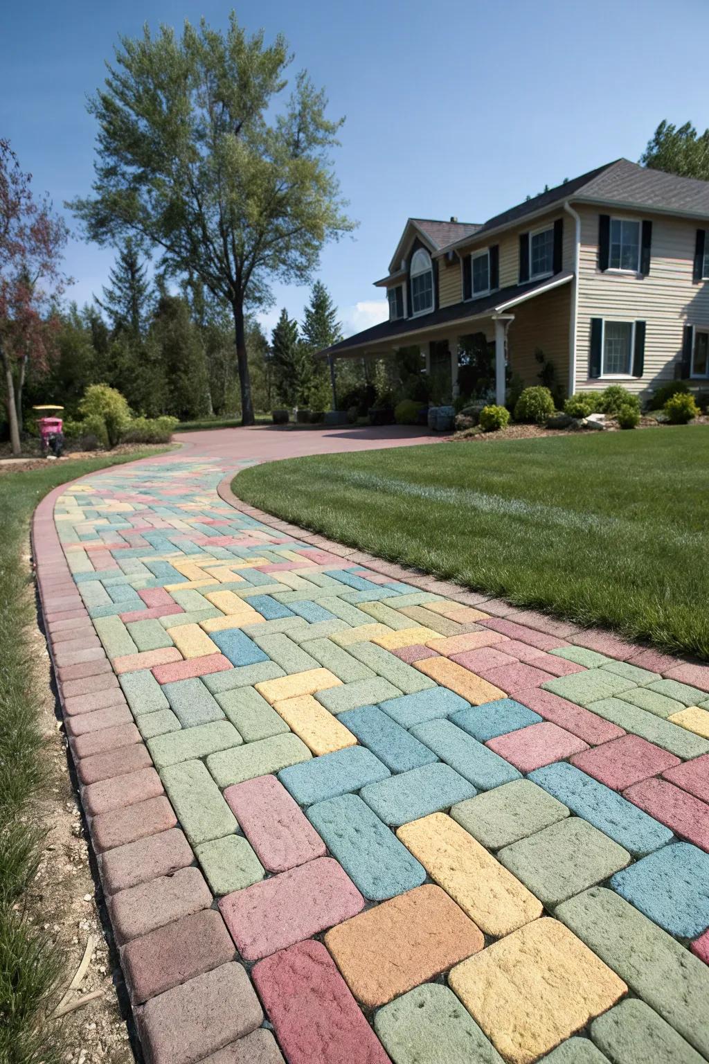 A sloping driveway upgraded with colorful anti-skid pavers, enhancing safety and visual appeal.
