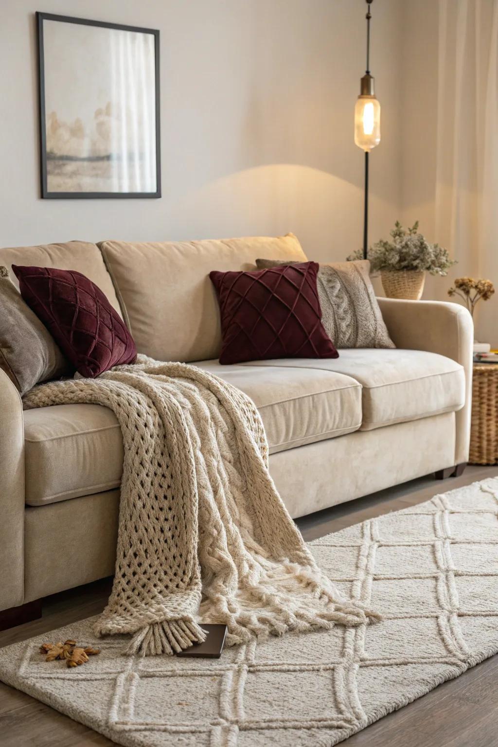 A textural living space displaying a wheat-toned sofa with a variety of plush elements.