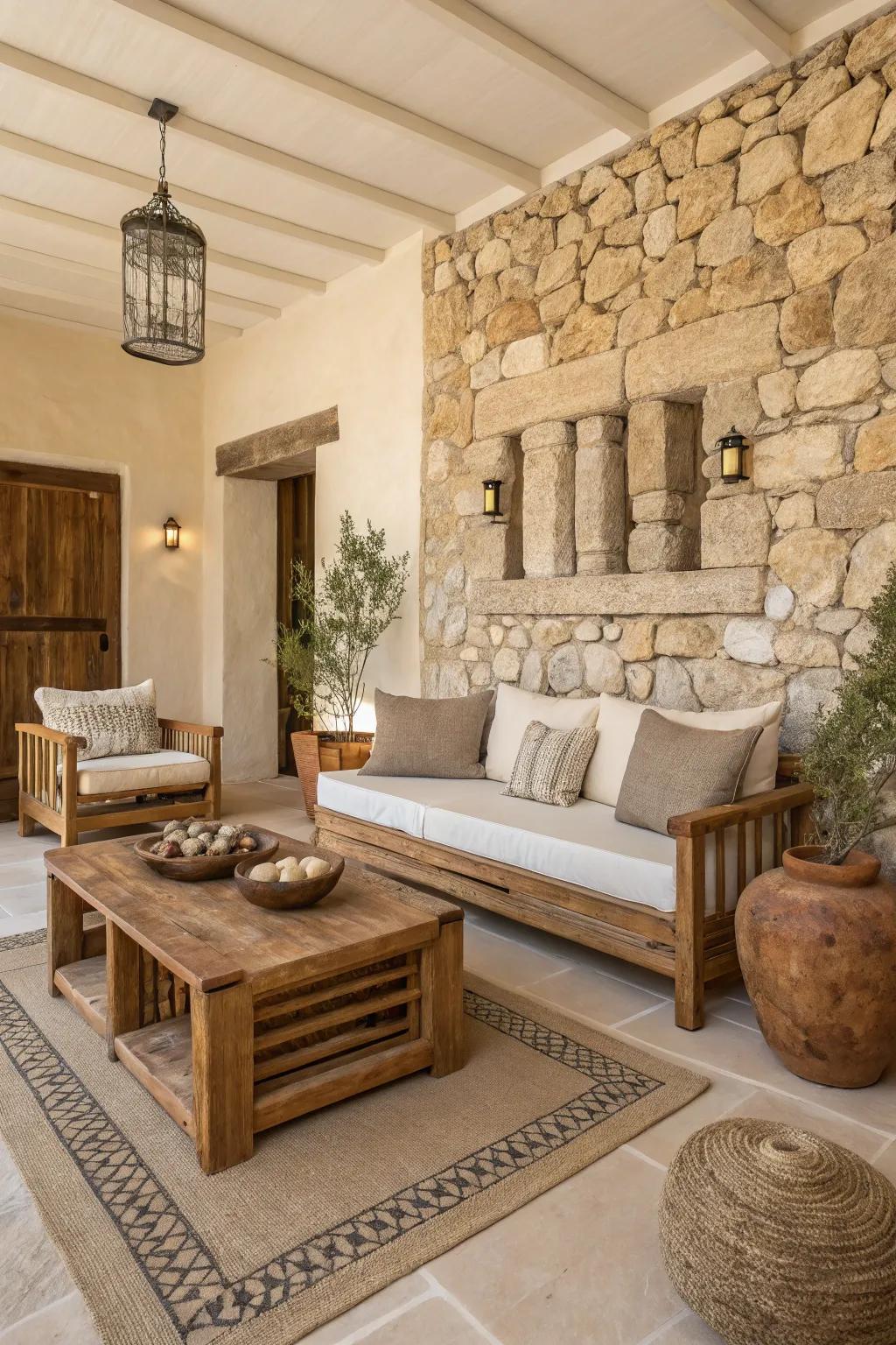 Organic components like timber and rock elevate the refinement of this beige interior.