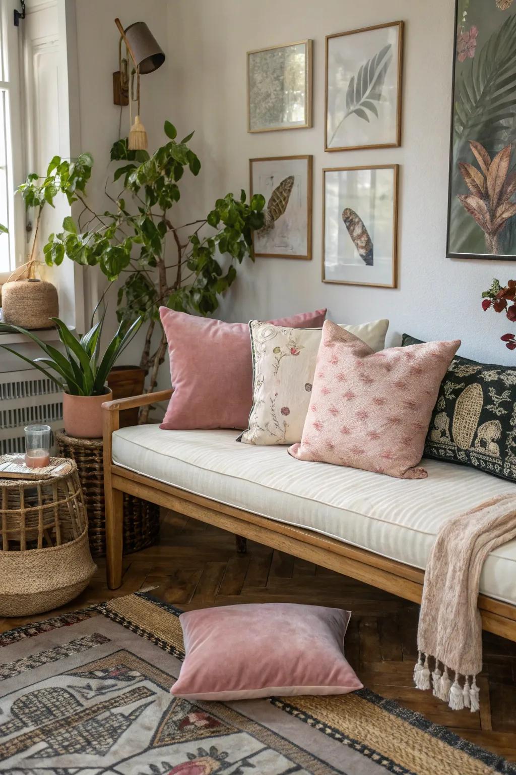 Blending textiles like smooth and natural generates an inviting seat arrangement.