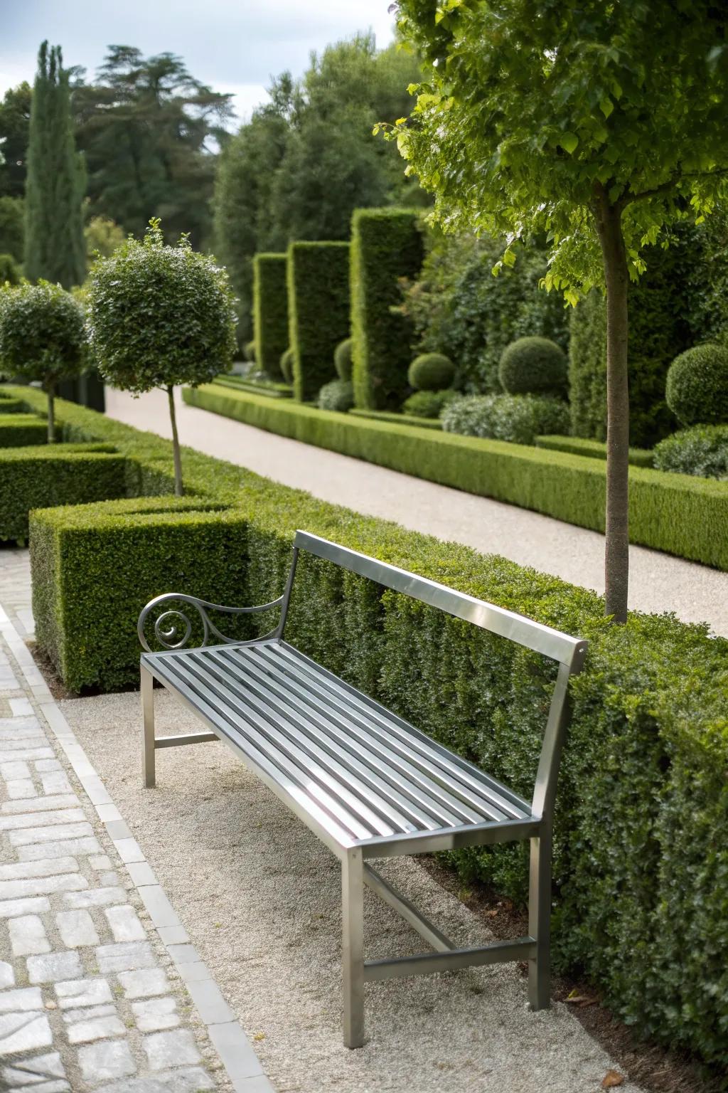 Minimalist metal benches offer a sleek look for modern gardens.