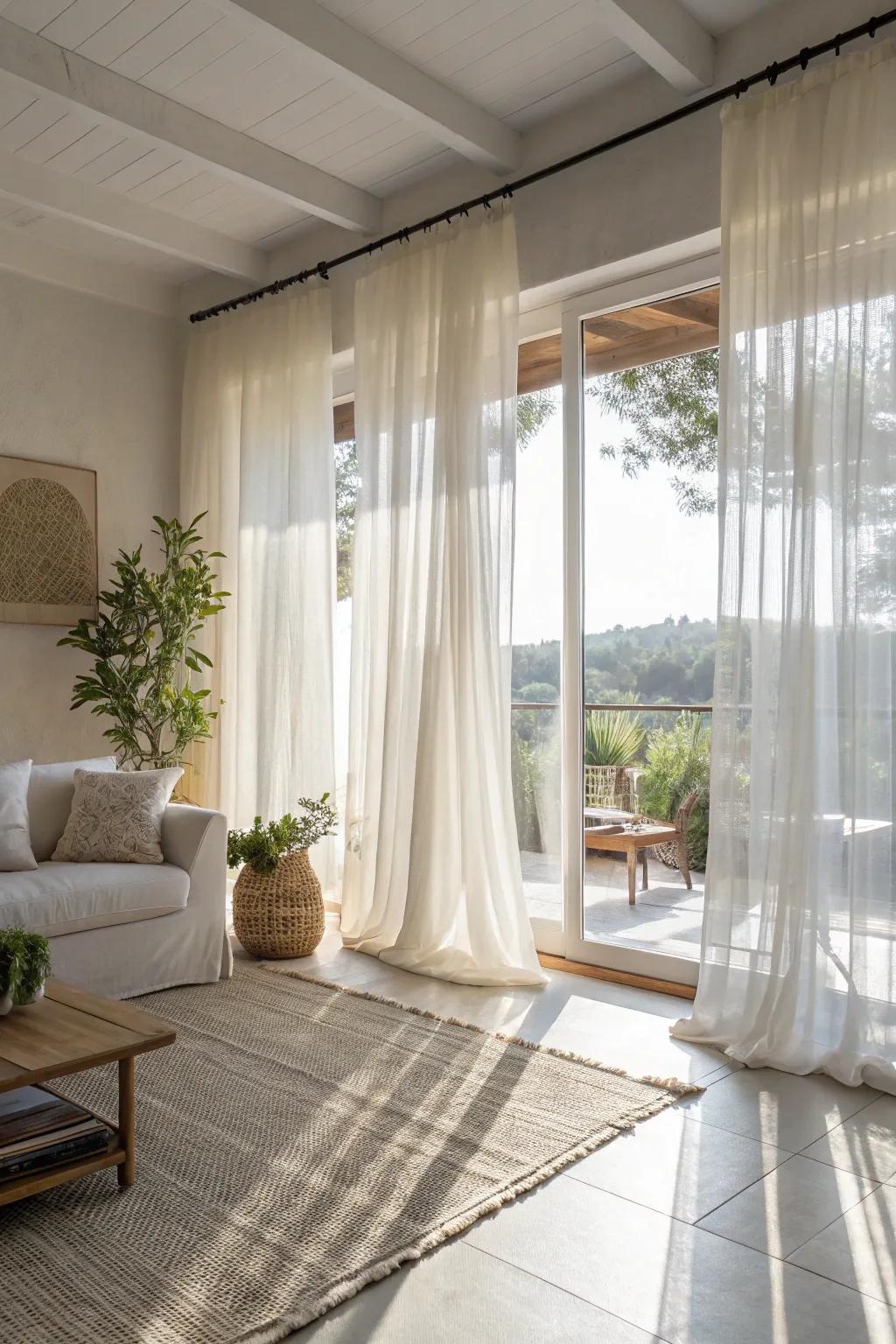 Sheer linen window coverings create a radiant and welcoming space.