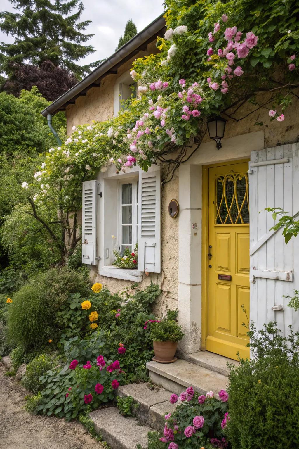 This quaint cottage is enhanced by a joyful gold door, injecting a burst of color.