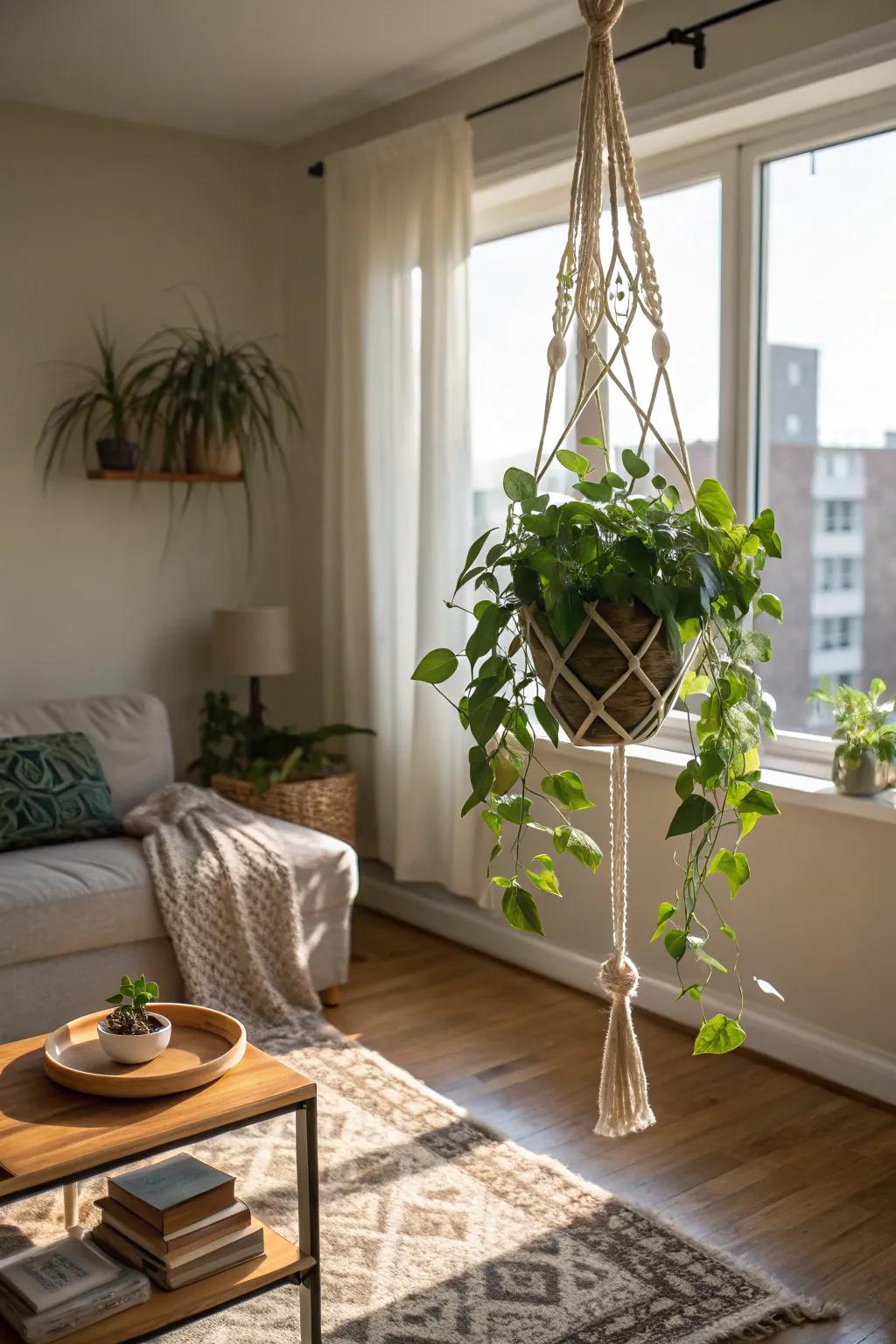 Chic greenery suspensions perfectly add plants without occupying floor space.
