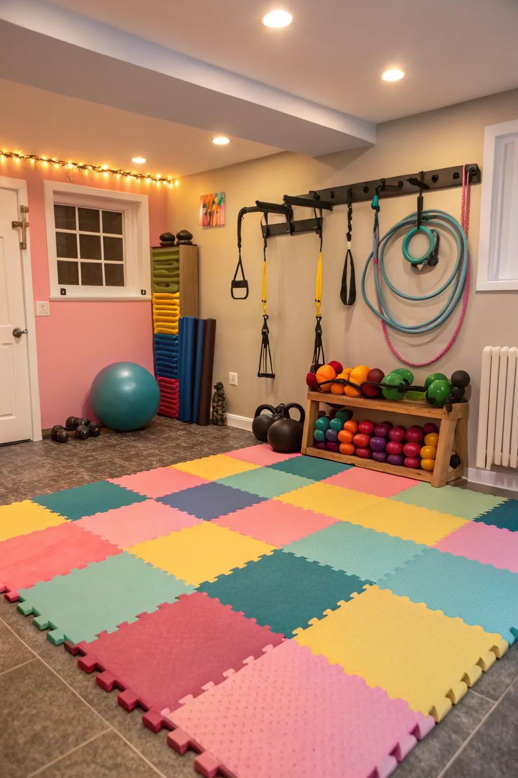 Cushioning foam squares offer an inviting and comfy fitness setting.