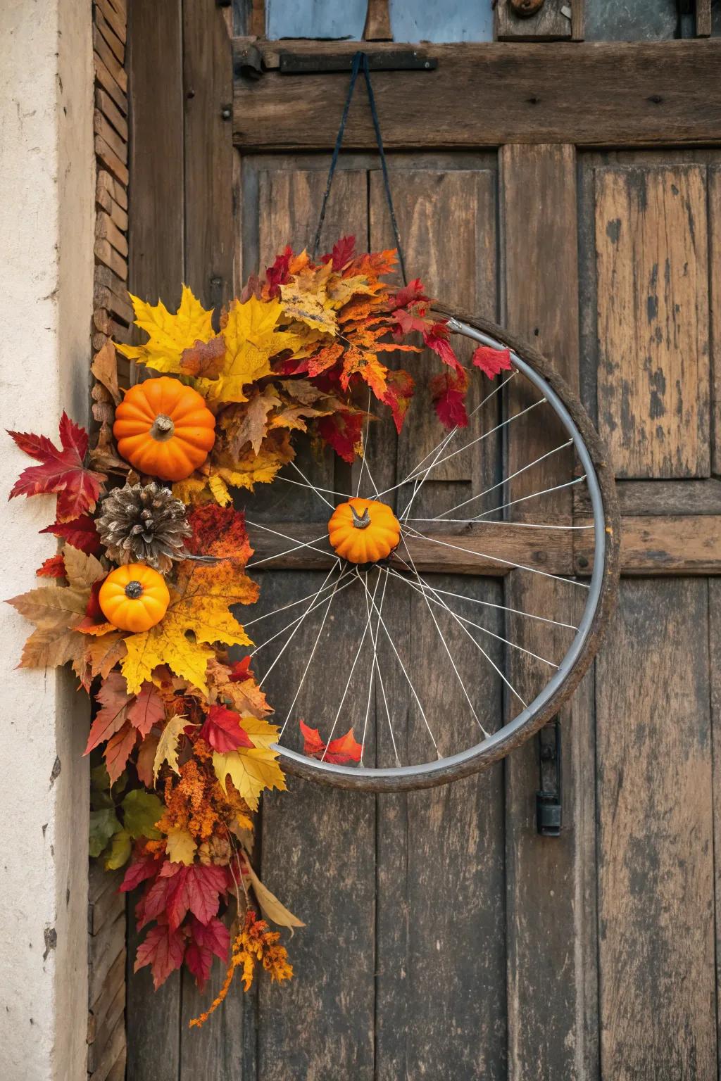 A seasonal bicycle wreath featuring autumn leaves and pumpkins, capturing the essence of fall.