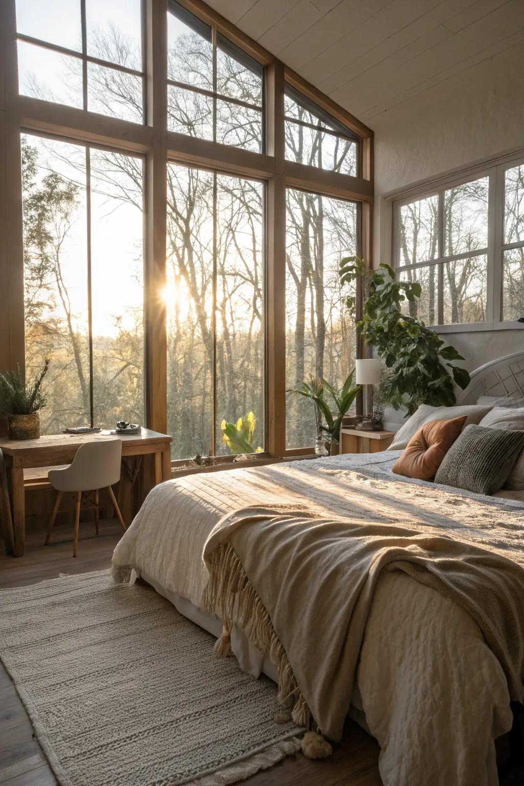 An expansive bedroom drenched in sunlight streaming through sizable windows.