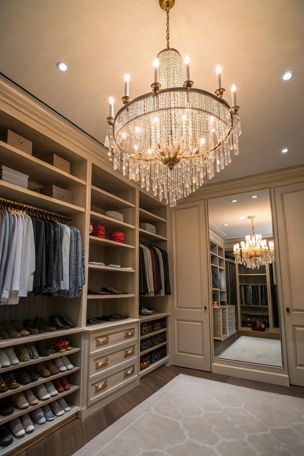 A walk-in closet with a sparkling chandelier hanging from the ceiling.