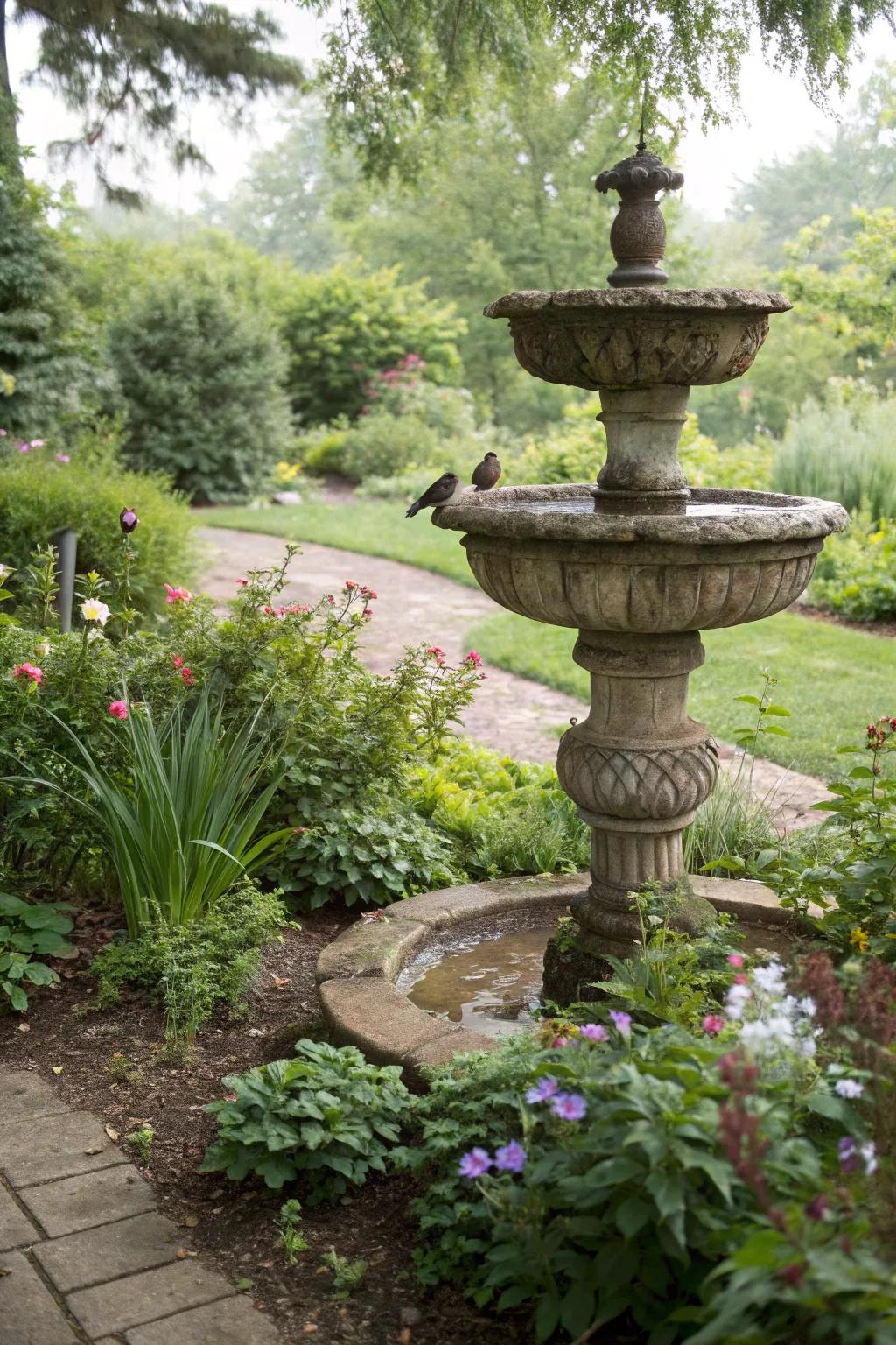 A stone-stacked bird bath radiating authentic grandeur within a garden environment.