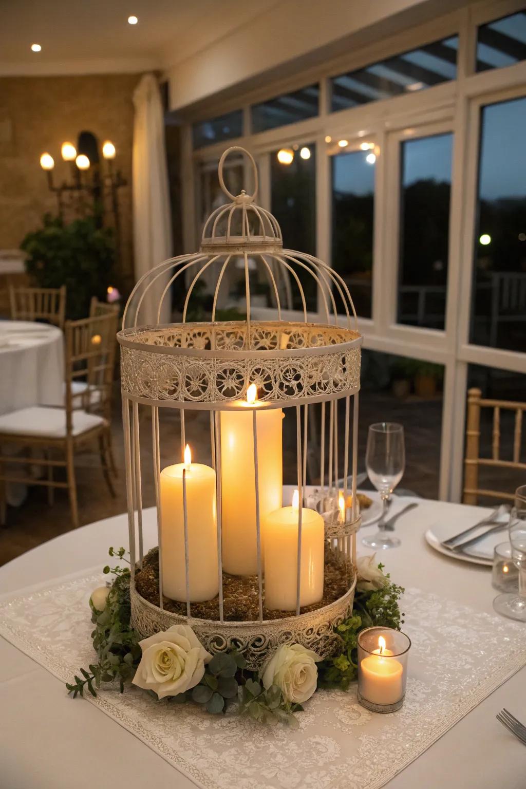 A cage centerpiece showcasing candles, fostering an intimate ambiance.