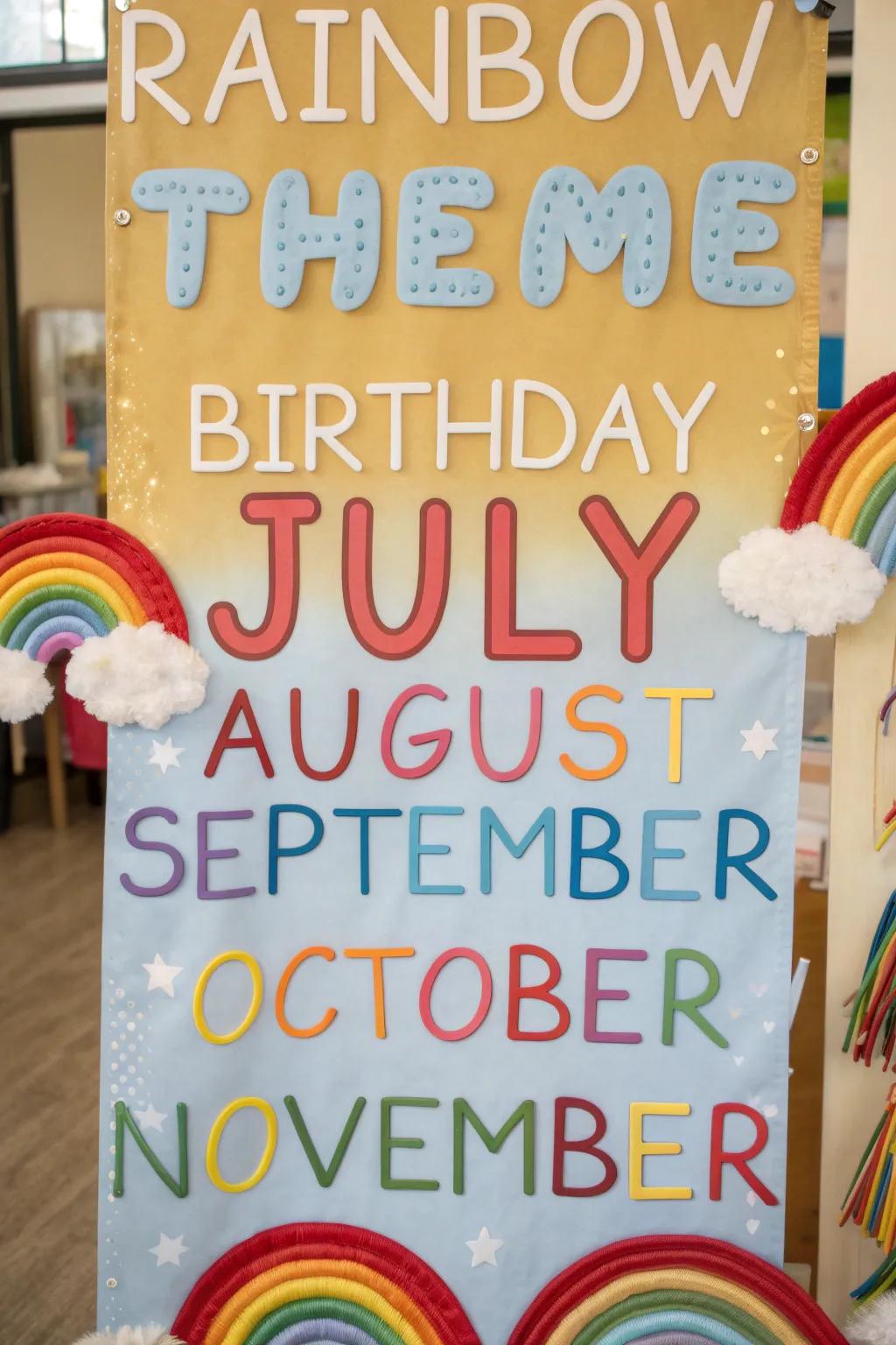 A vibrant rainbow-themed birthday board for all months.