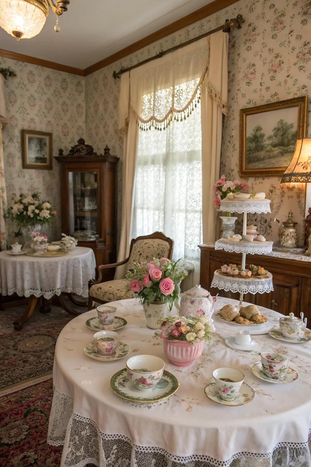 A quaint vintage tea gathering decorated with elegant floral arrangements and timeless tableware.