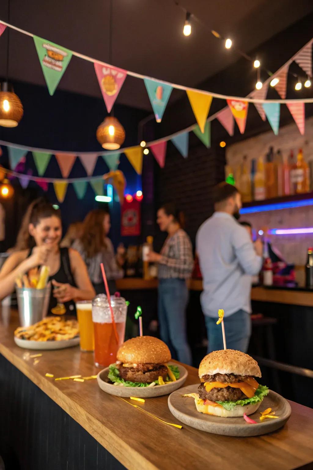 Themed decorations bring a celebratory vibe to any burger setup.