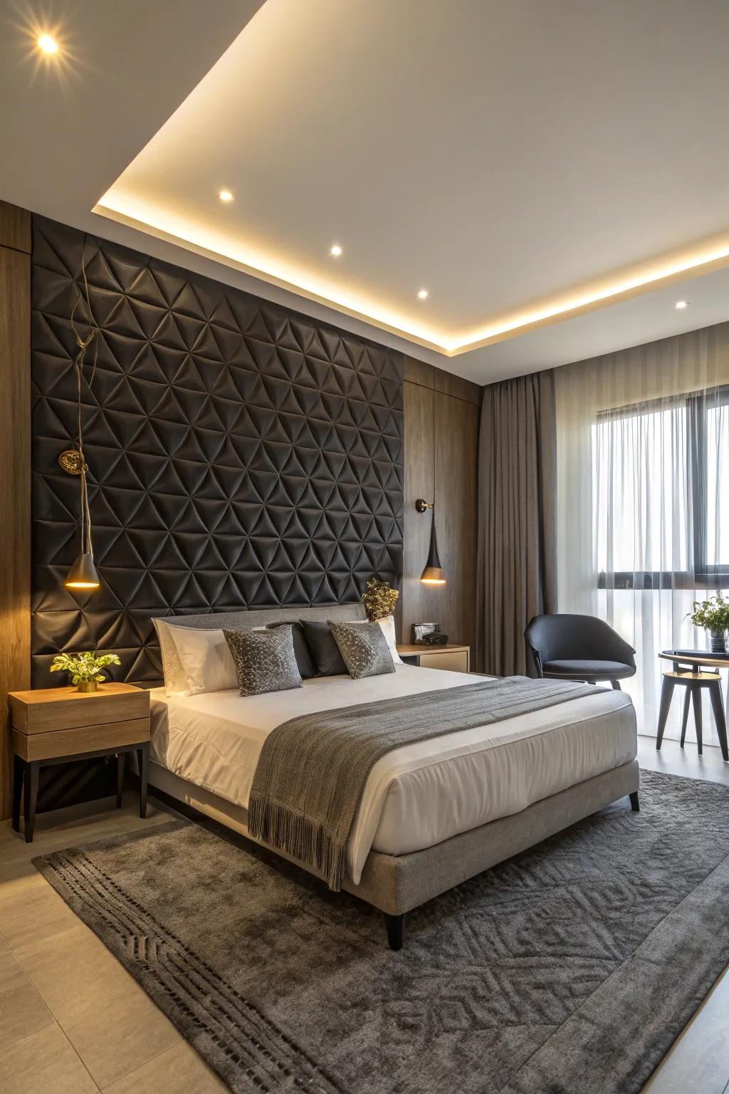 A textured dark statement wall that enriches and deepens the bedroom's design.