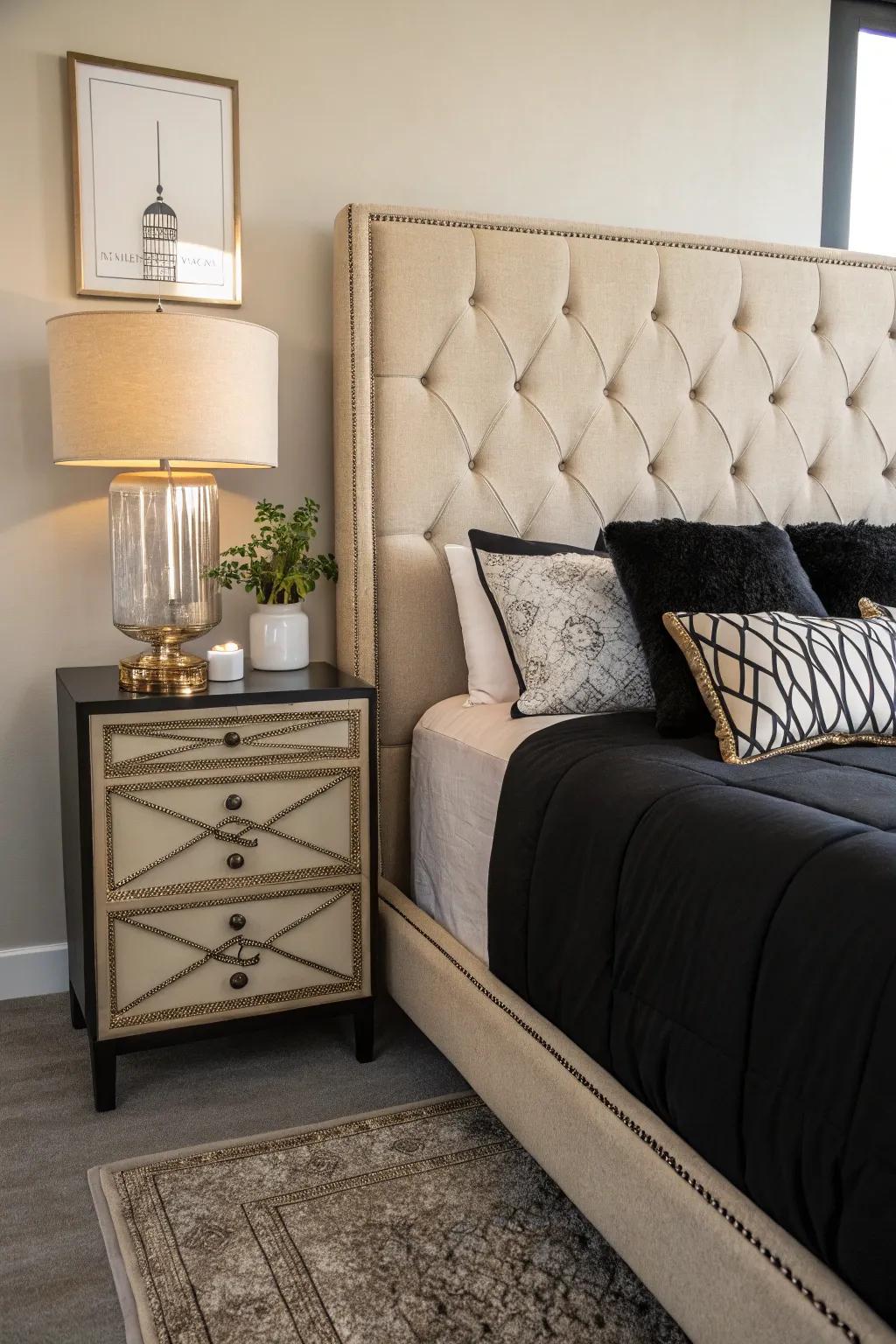 A plush cream-colored headboard brings a dash of elegance to your bedroom setup.